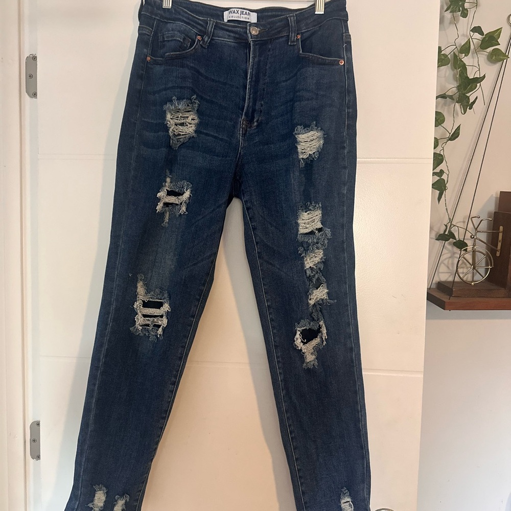 Wax Jean Distressed Dark Blue Straight Leg Jeans